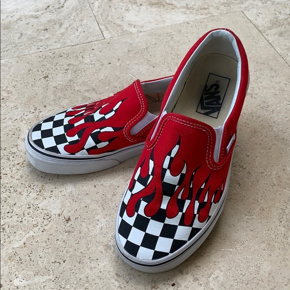 checkered vans with red flames
